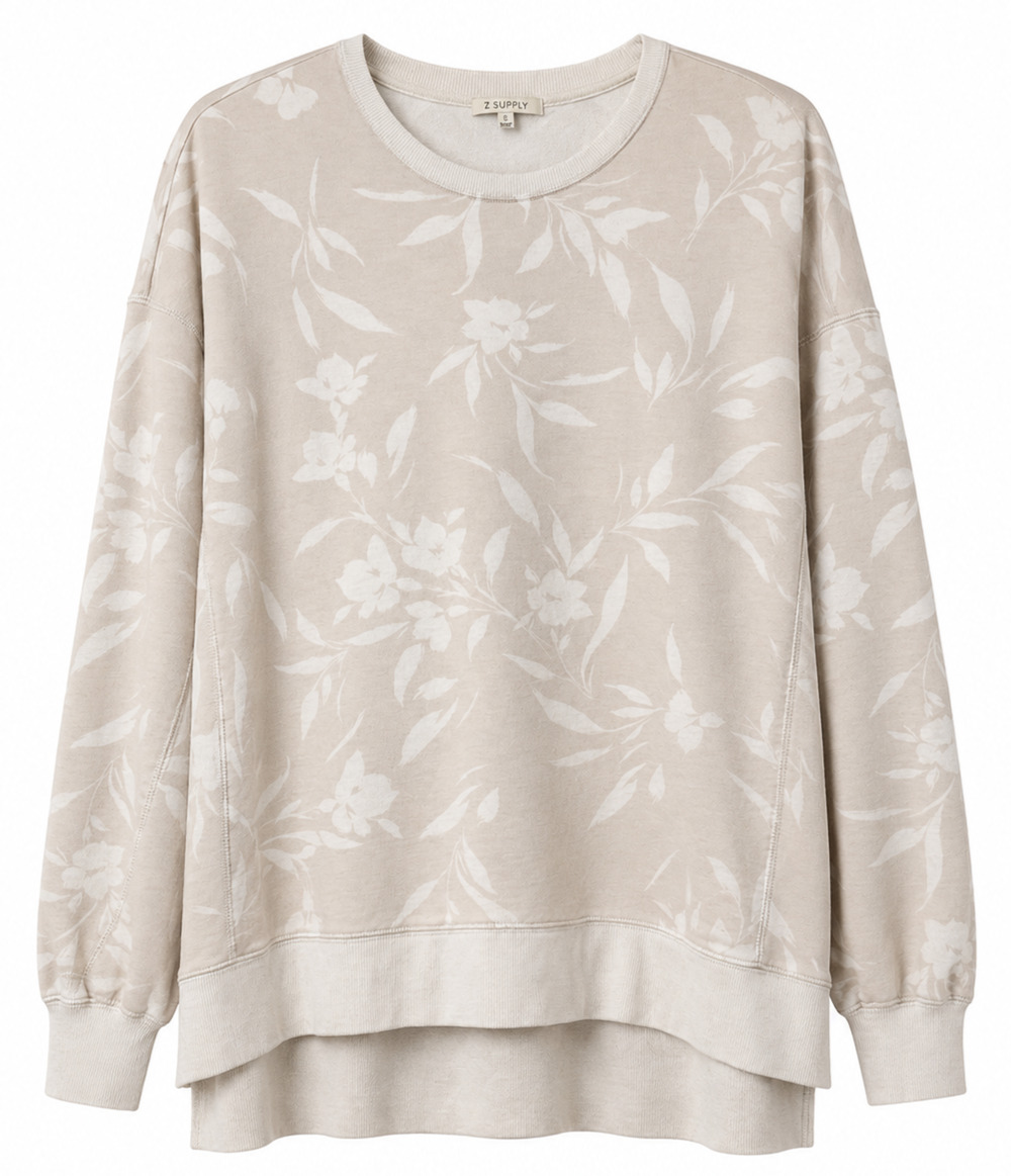 Z Supply Sweatshirt Womens L Beige White Floral Crewneck High Low Casual Minimal